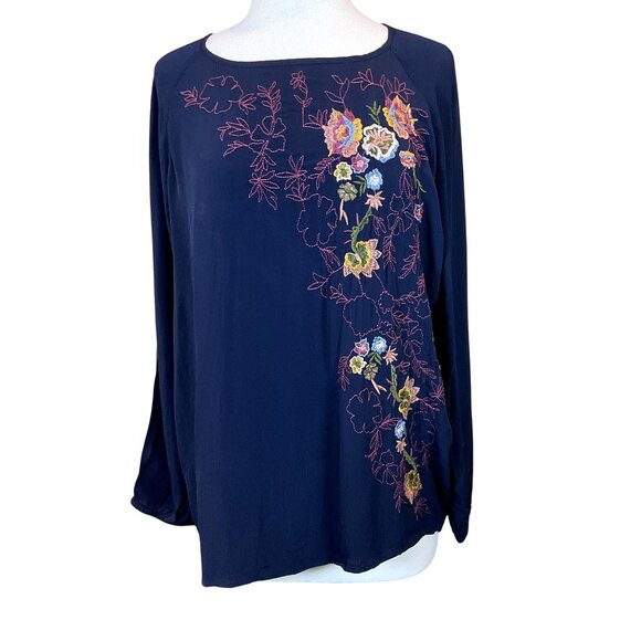 J.Jill Long Sleeve Navy Embroidered Floral Scoop Neck Pullover Top Large - Picture 1 of 8